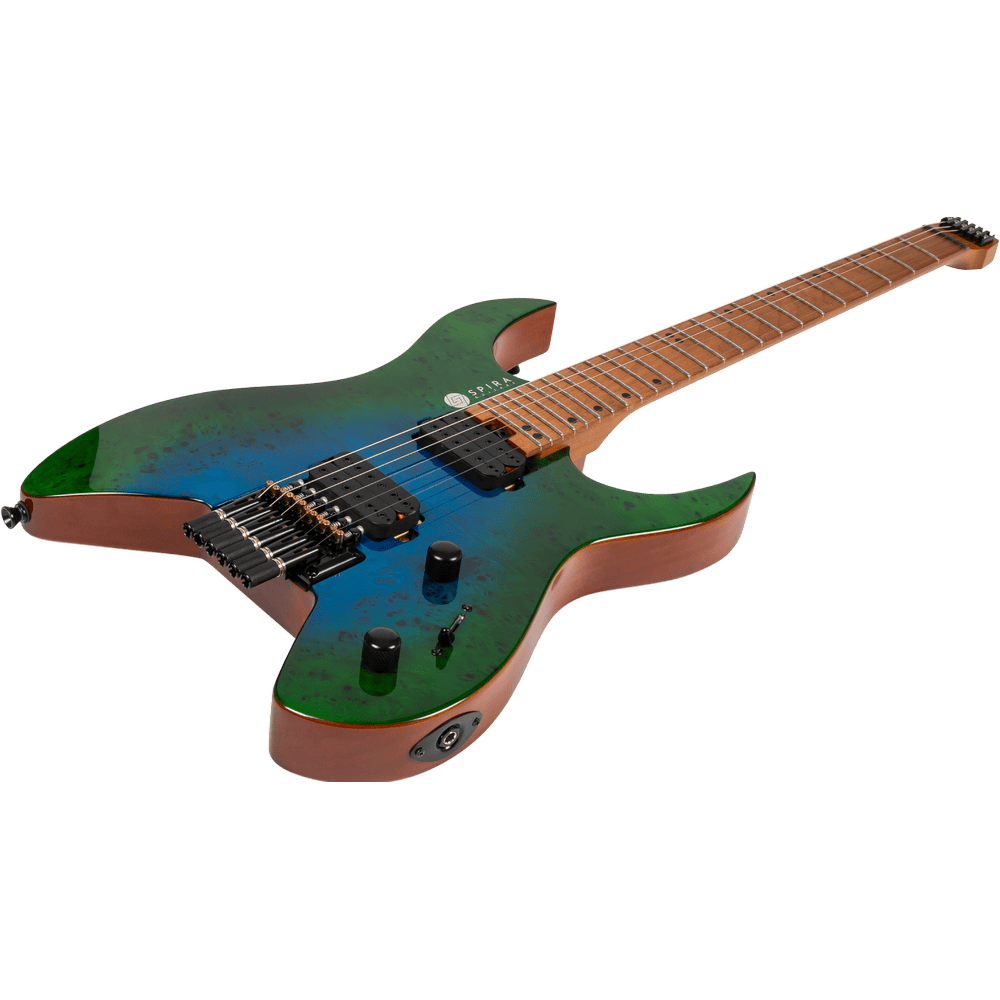 Spira Guitars S-500 Headless GBR Headless S-Style Trans Aqua Blue